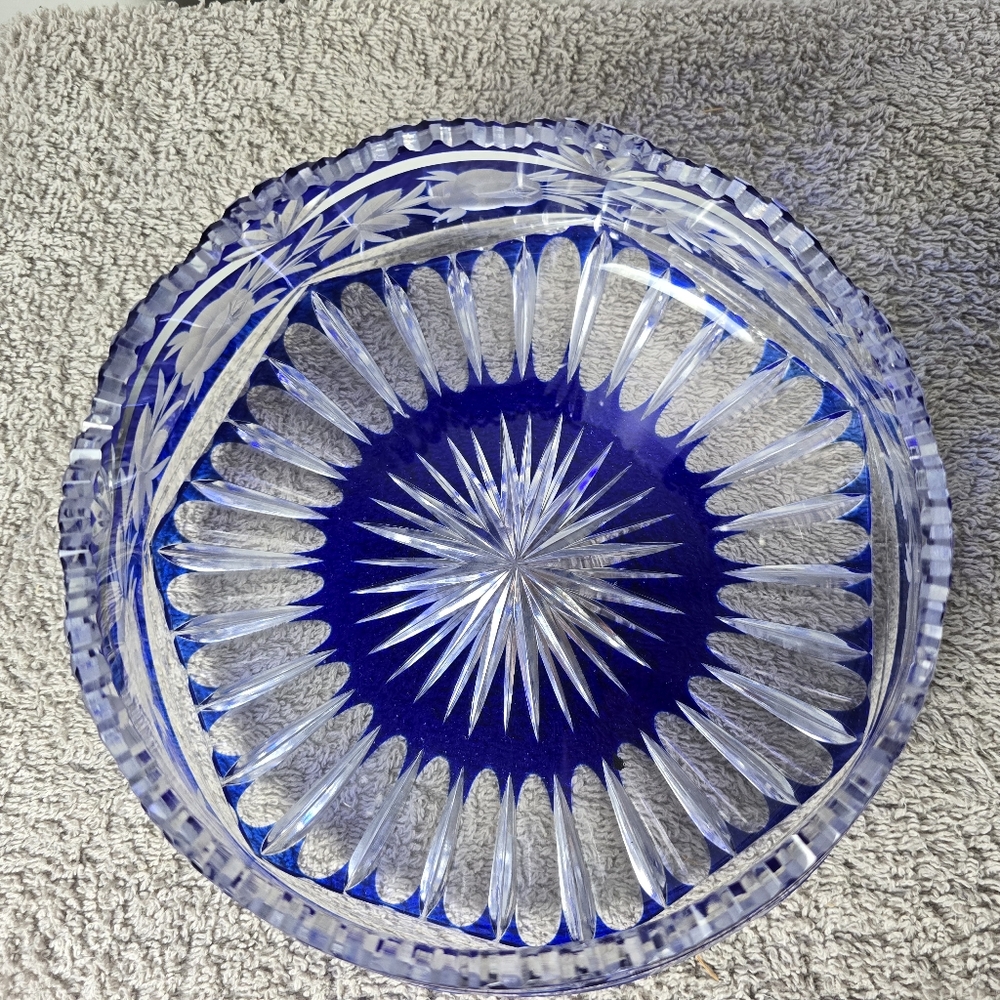 Lausiter Cobalt To Clear Crystal Bowl With Sawtooth Rim - Picture 8 of 12